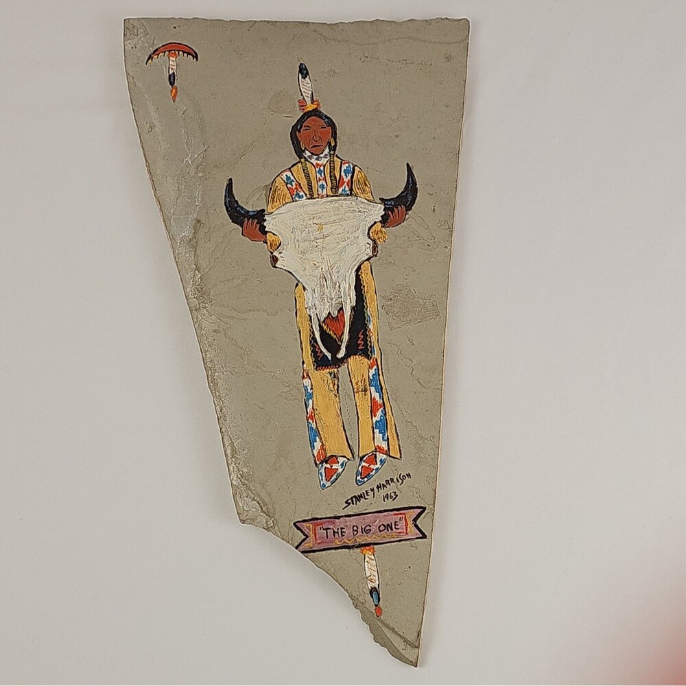 Vintage 1963 Stanley Harrison “The Big One” Painted Stone Slab Folk Art